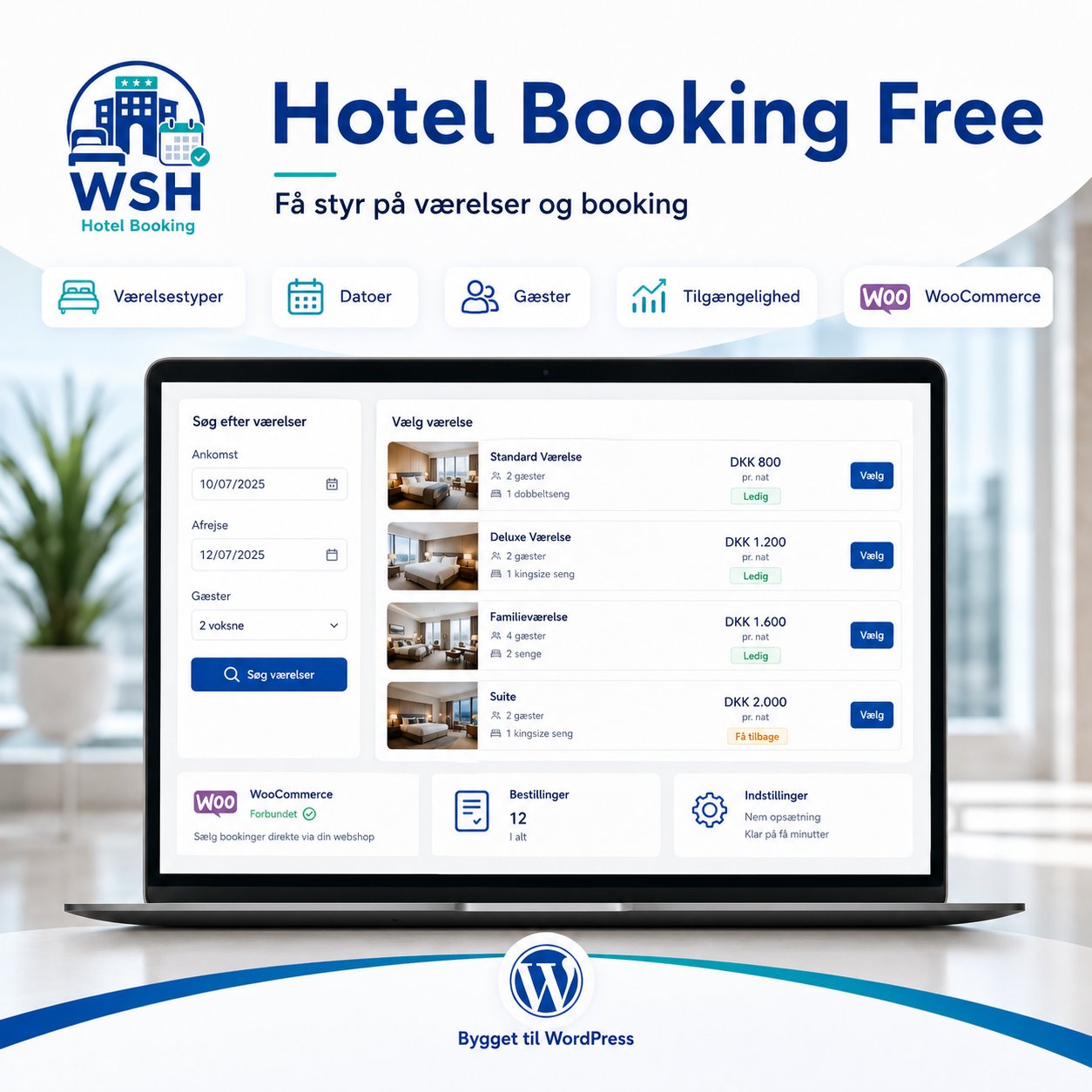 Hotel Booking Free med værelsessøgning, gæstevalg og WooCommerce-booking