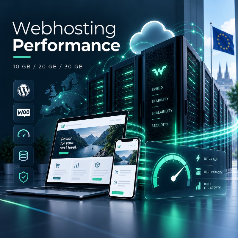 Webhosting Performance til WooCommerce-webshops, WordPress og bookingsystemer med 10, 20 eller 30 GB lagerplads.